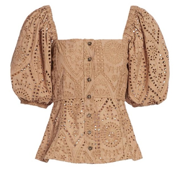 Ganni Tan Eyelet Button-Up Top - Picture 3 of 4